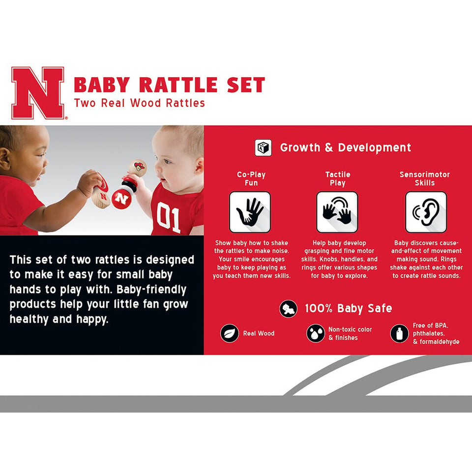 University of Nebraska 2 Pack Wood Baby Rattles